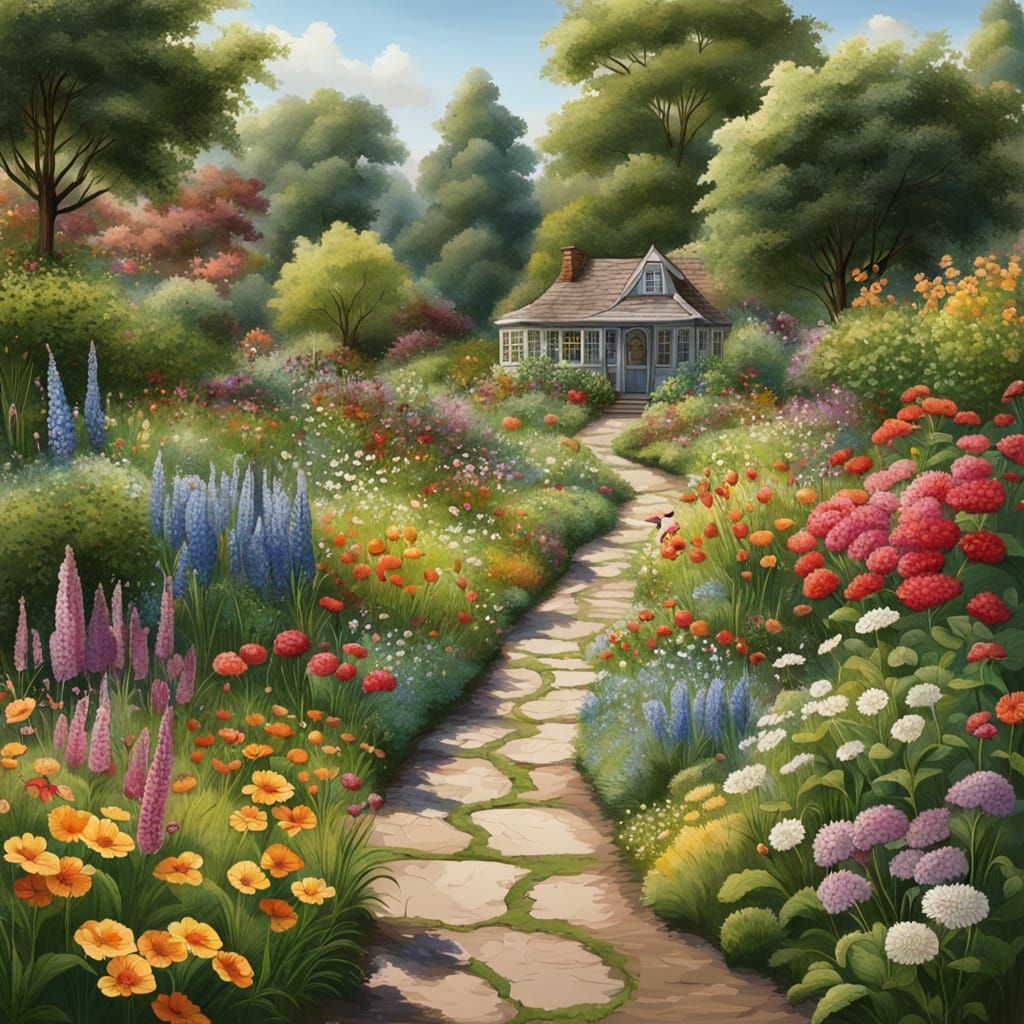 Vibrant Garden Alive with Flowers and a Friendly Cricket