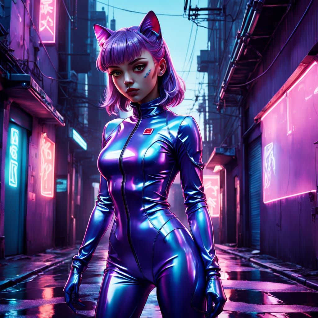 Cyberpunk Cat-Girl in Vibrant Violet Latex