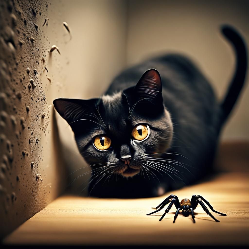 Eerie Photograph of Cat Watching Huntsman Spider