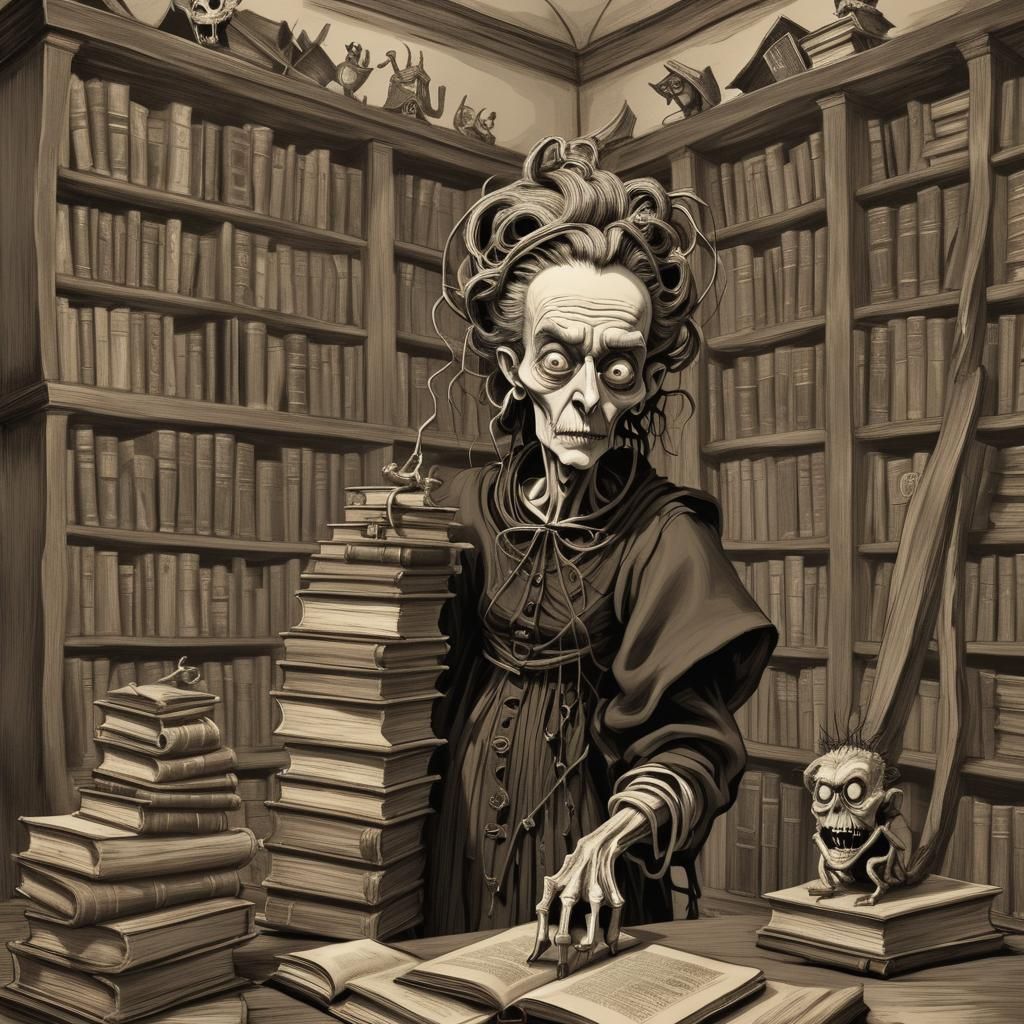 Art Brut Line Art of Strange Old Woman with Books