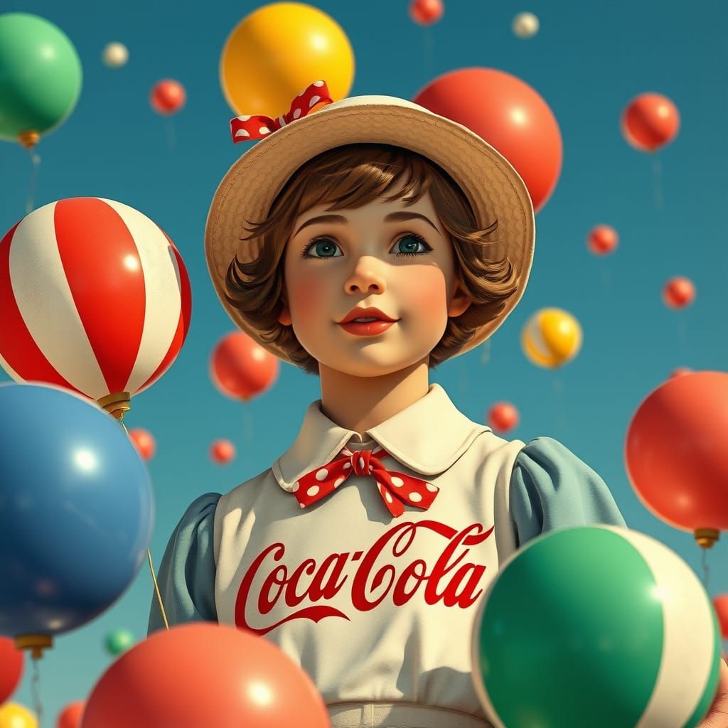 Smiling Boy with Balloons in Vintage Coca-Cola Style