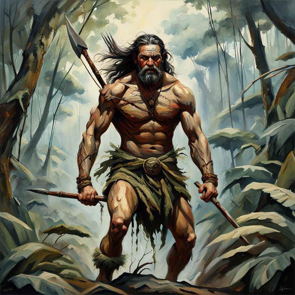 Tribal Man in Jungle: Oil Painting