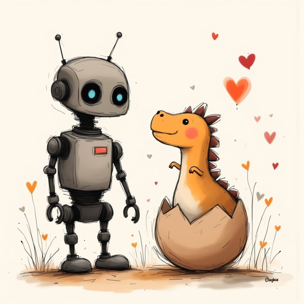 Robot and Dinosaur Hatching from Egg, Cartoony Style