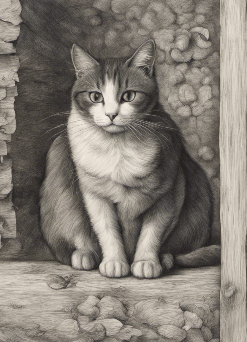Cat in Farmyard, Charcoal Drawing in Bruegel Style