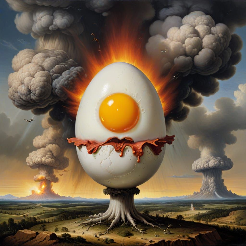 Angry Egg Ascends Nuclear Cloud: Memling Style