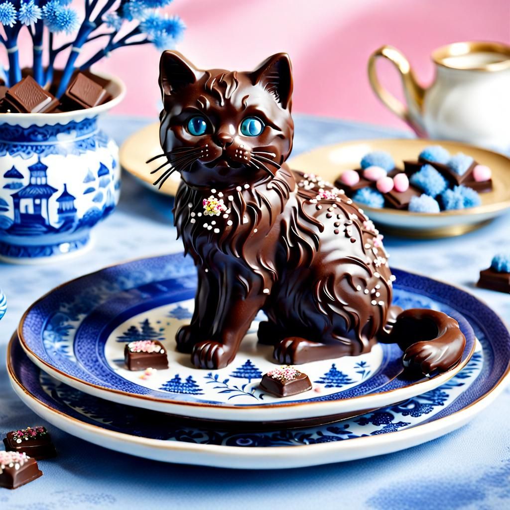 Chocolate Persian Cat on Blue Willow Plate