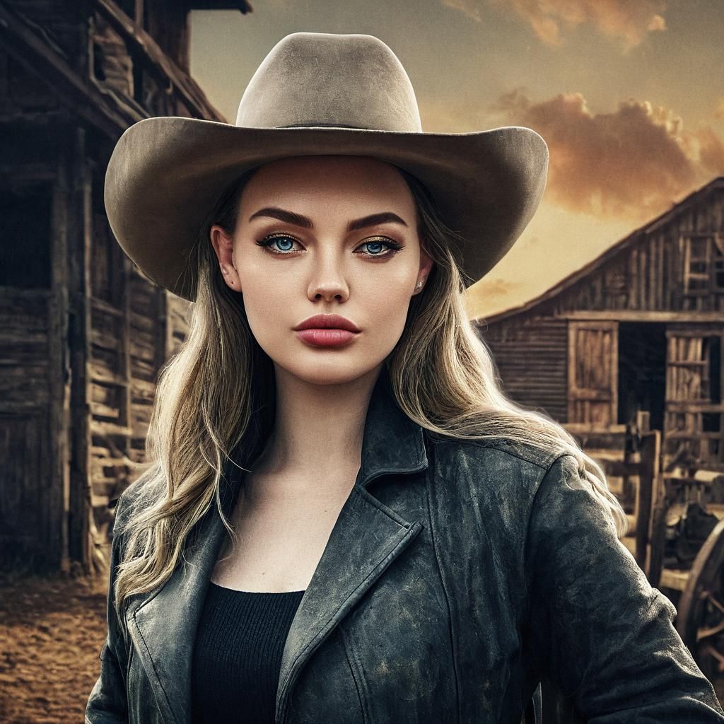 Cowgirl Portrait by a Farm in Digital Art Style