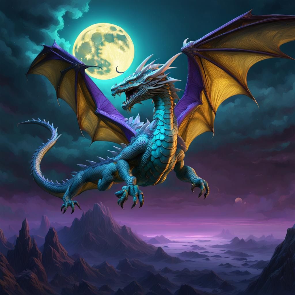 Turquoise Dragon Soaring Under a Full Moon