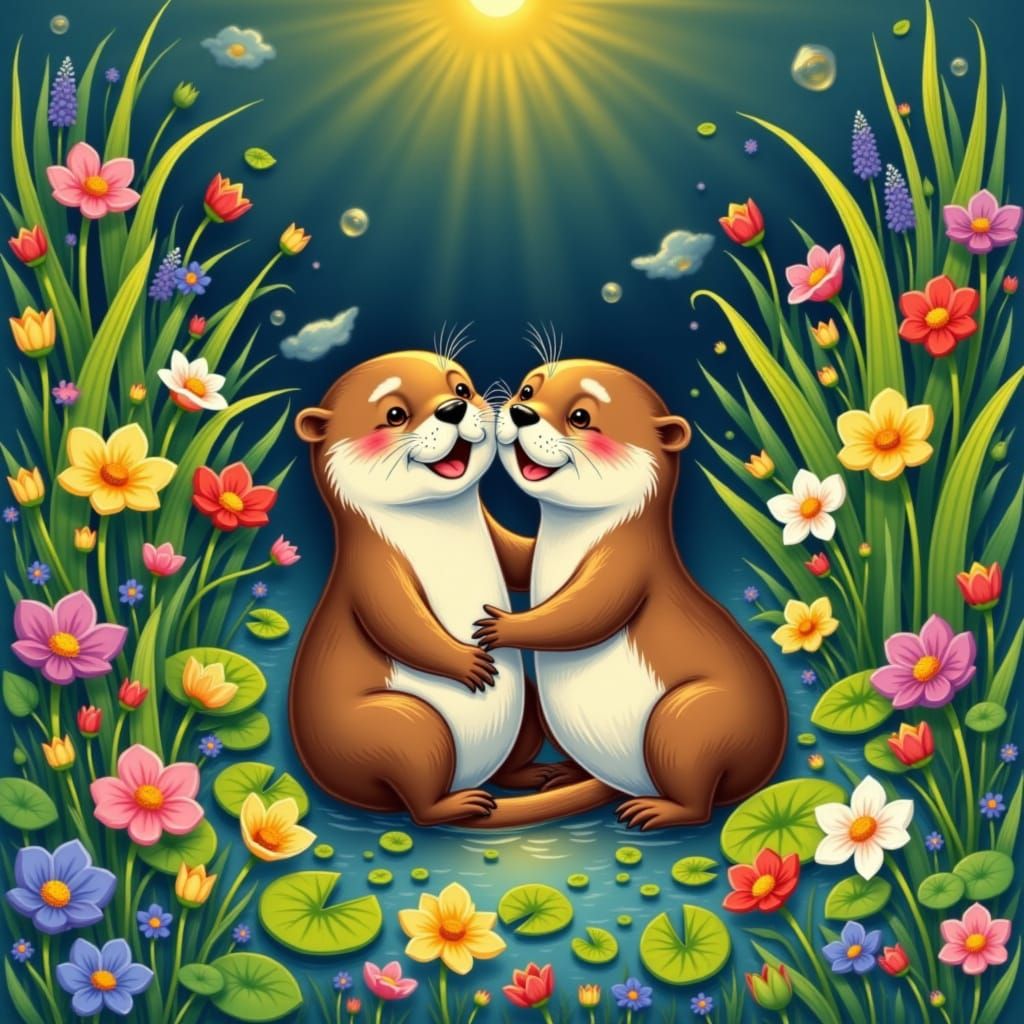 Whimsical Otter Couple in a Lush Water Scene