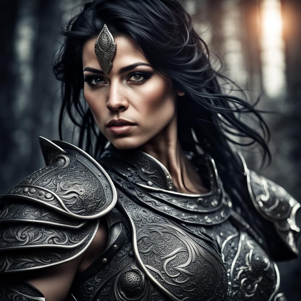 Fierce Mythical Warrior Woman in Black Armor