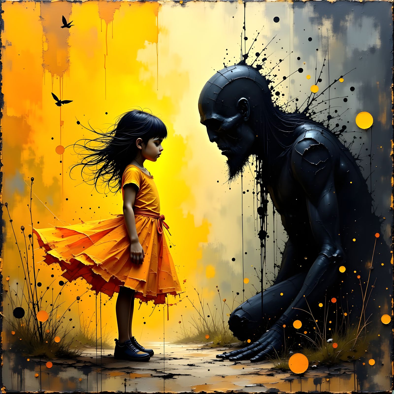 Girl's Encounter with Shadowy Figure as Impasto Painting