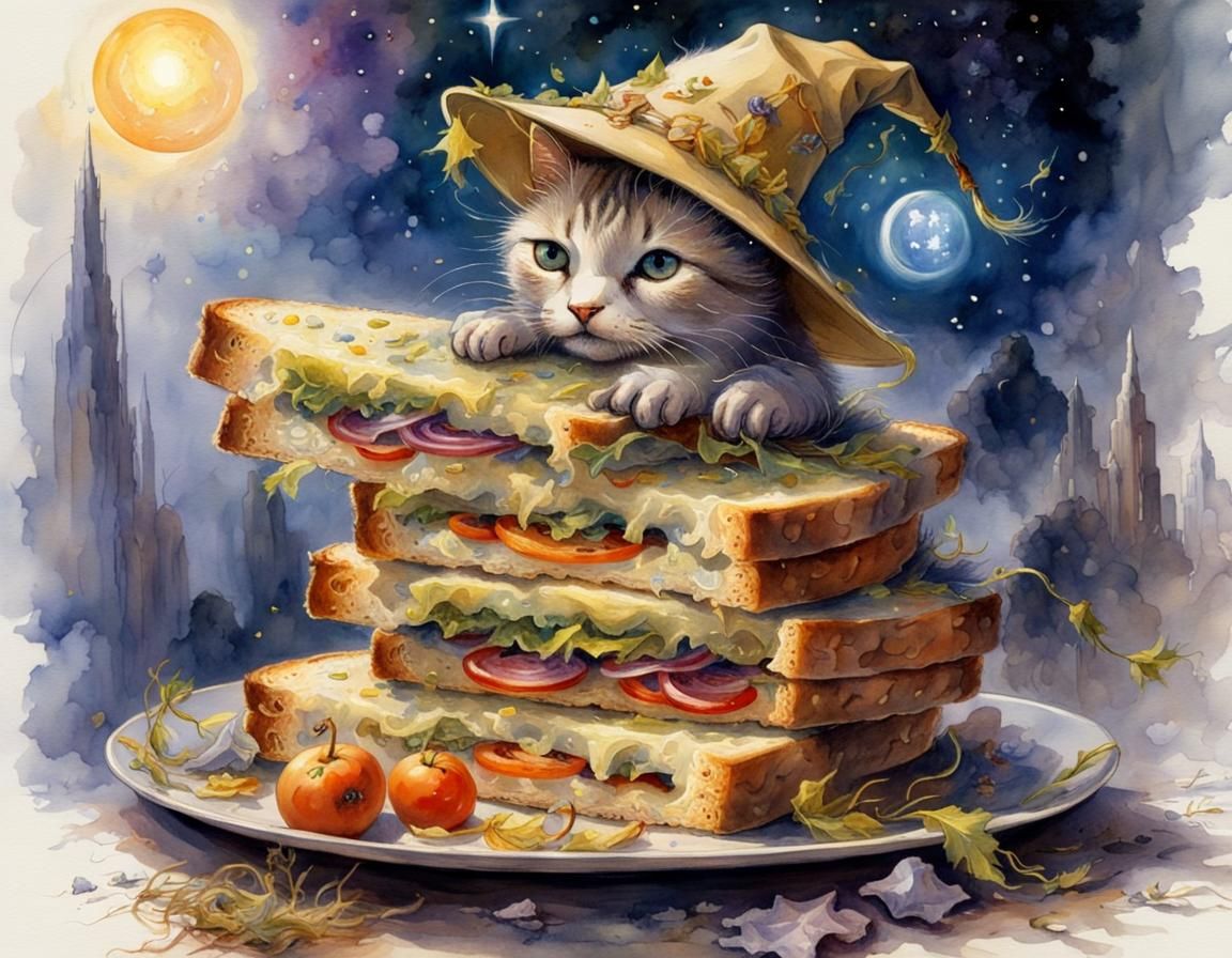 Magical Sandwich with Witch Hat in Watercolor Style