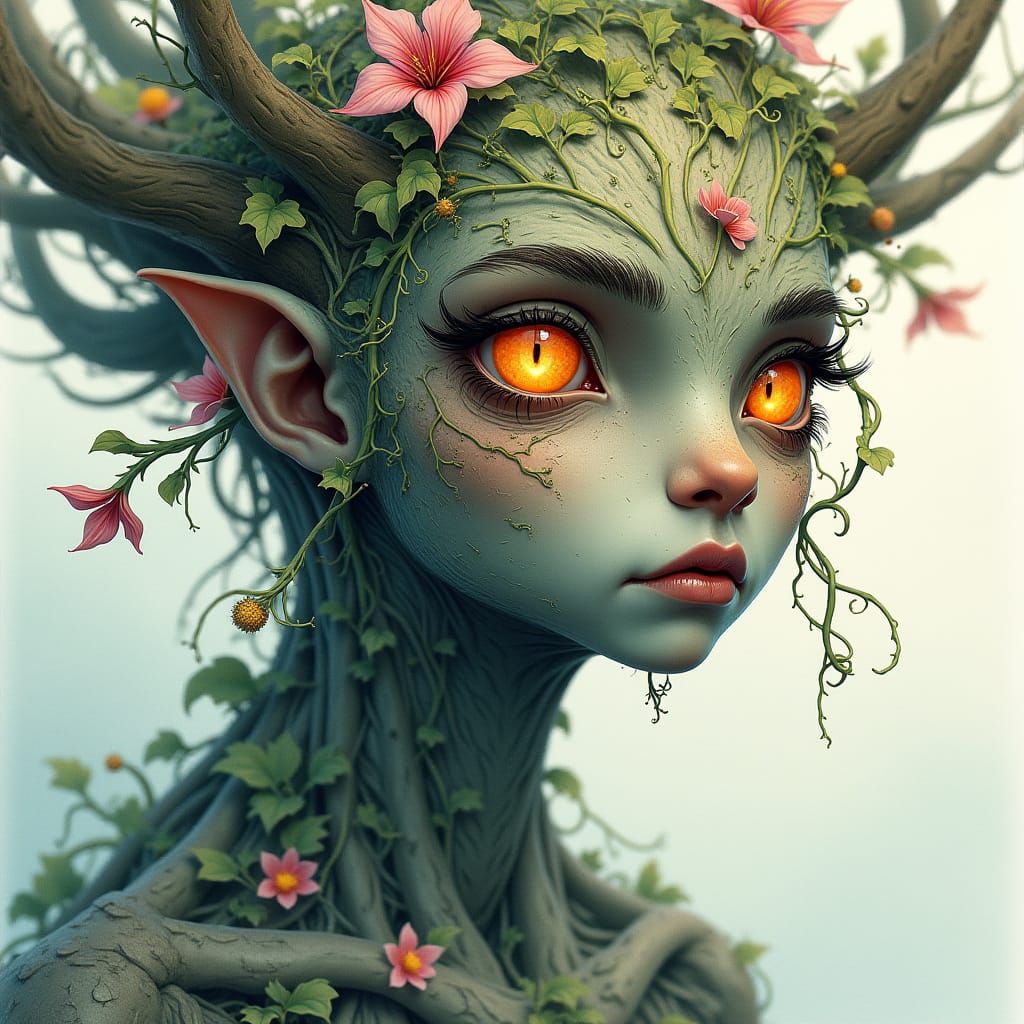 Glowing-Eyed Tree Spirit in Watercolor Style