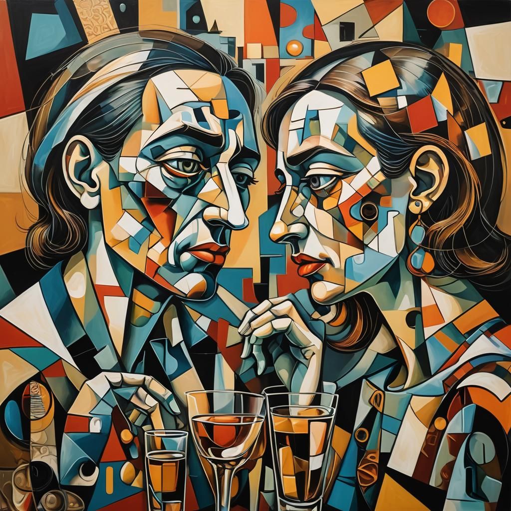 Cubist Couple in Vibrant Colors and Geometric Shapes