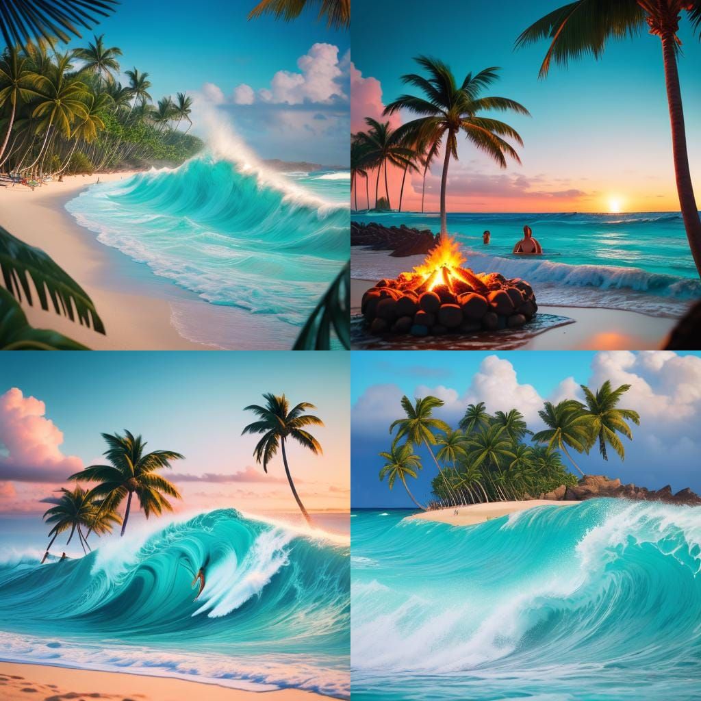 Tropical Beach with Surfers and Hula Dancers