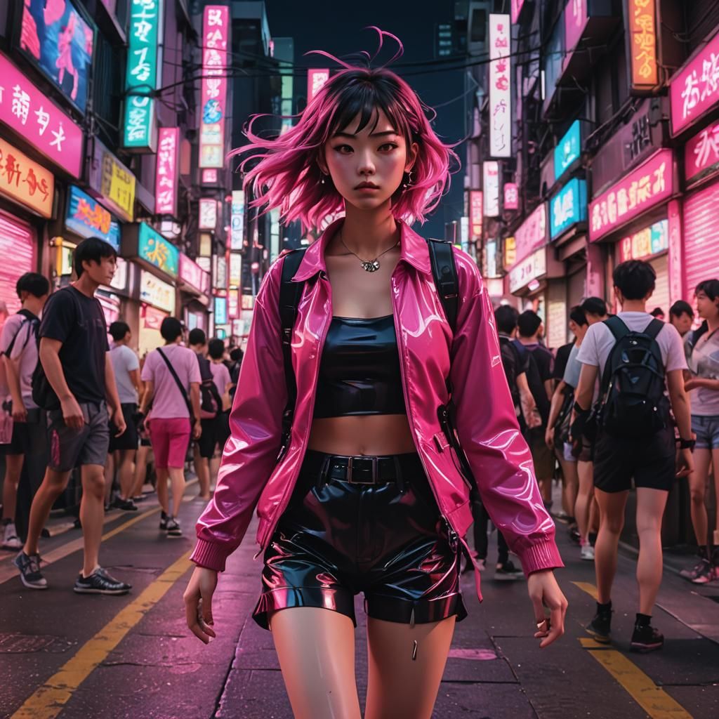 Anime-Inspired Woman in Latex Outfit Cityscape