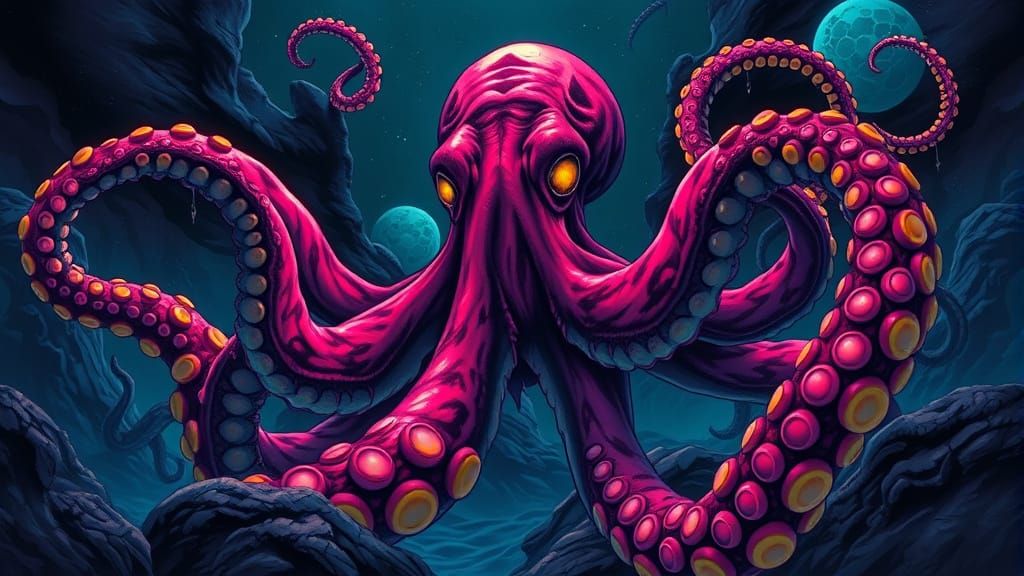 Vampire Octopus Reigns in Dark Depths: Digital Art