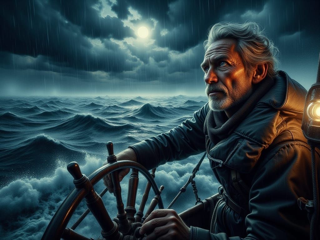 Determined Sailor on a Stormy Sea in Photorealistic Painting