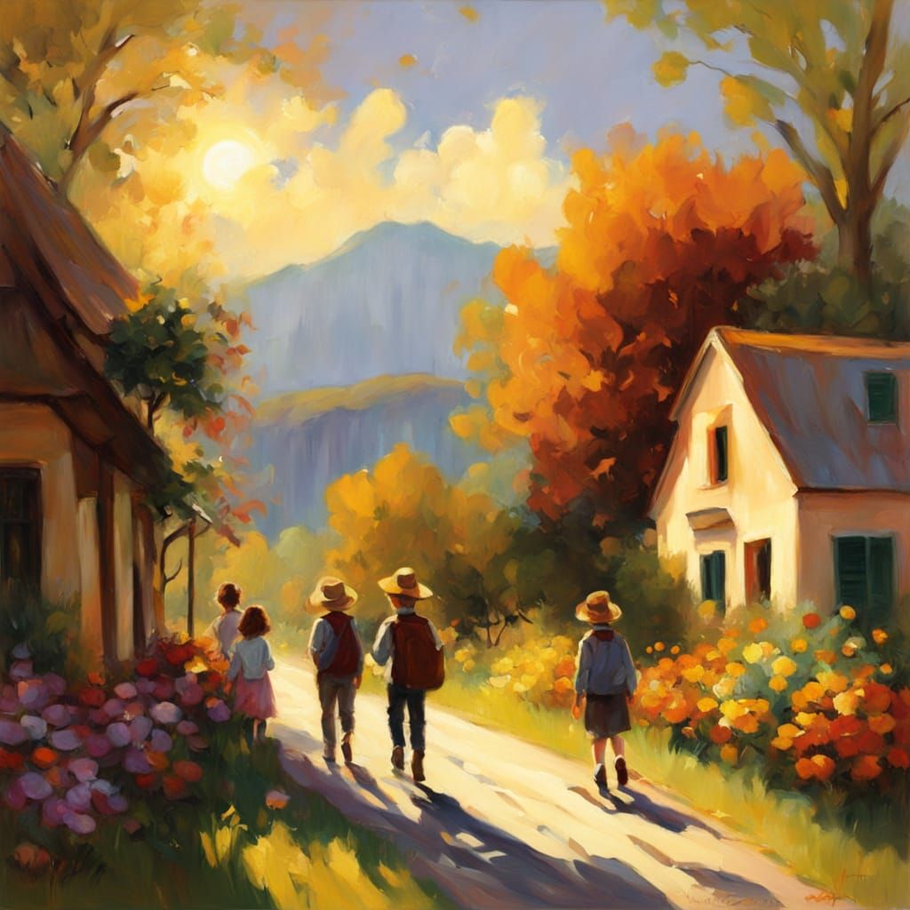 Whimsical Children in a Sun-Drenched Garden Oil Painting