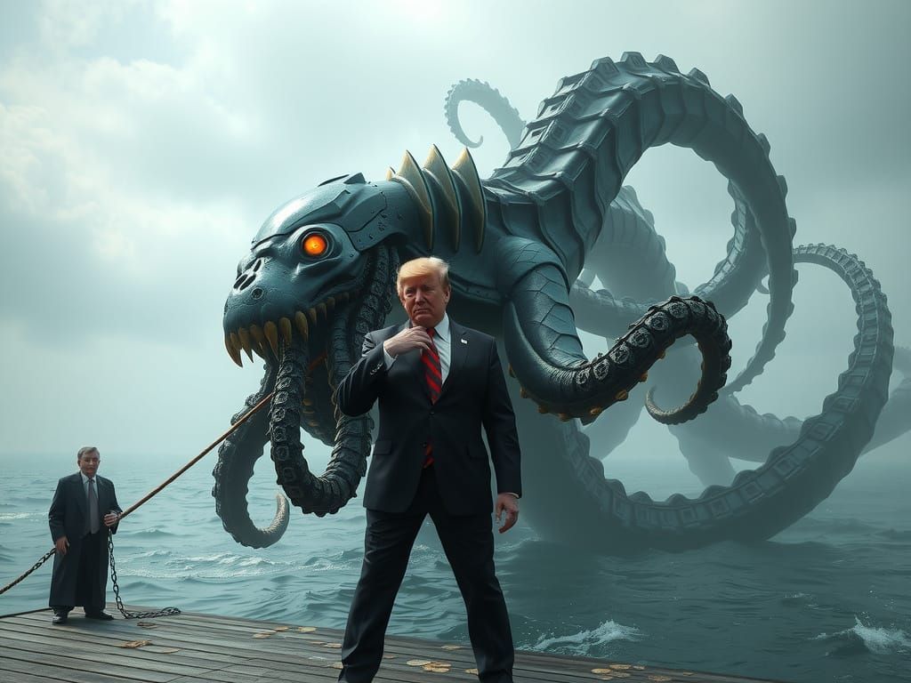 Colossal Cyborg Kraken Hugs Leader in Dystopian Scene