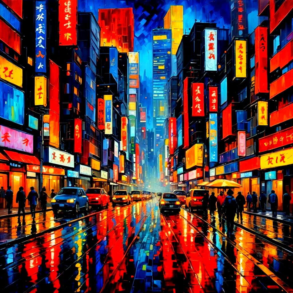 Tokyo Cityscape at Night: An Expressionist Impasto Painting
