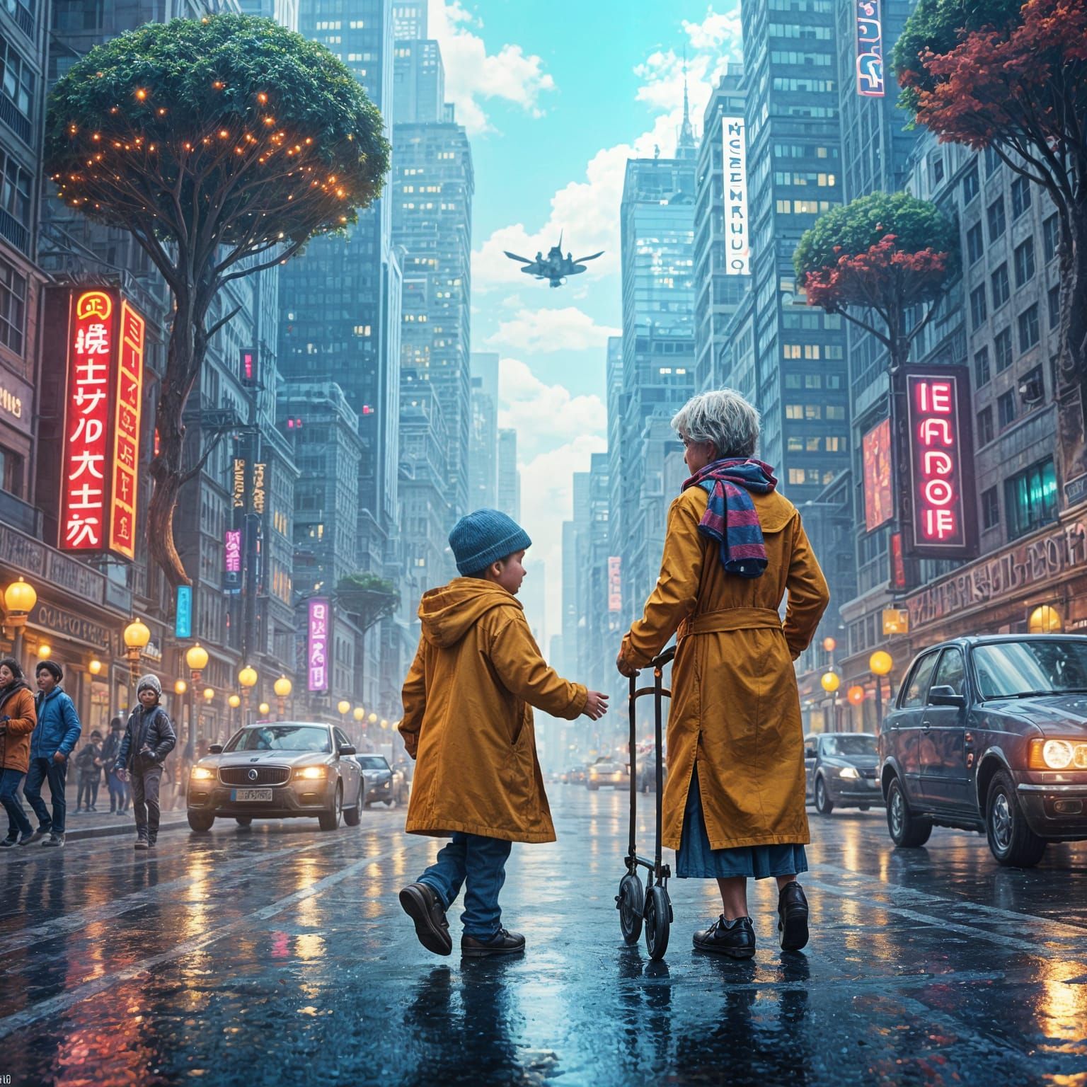 Boy Helps Elderly Woman: Colorful Cityscape Art