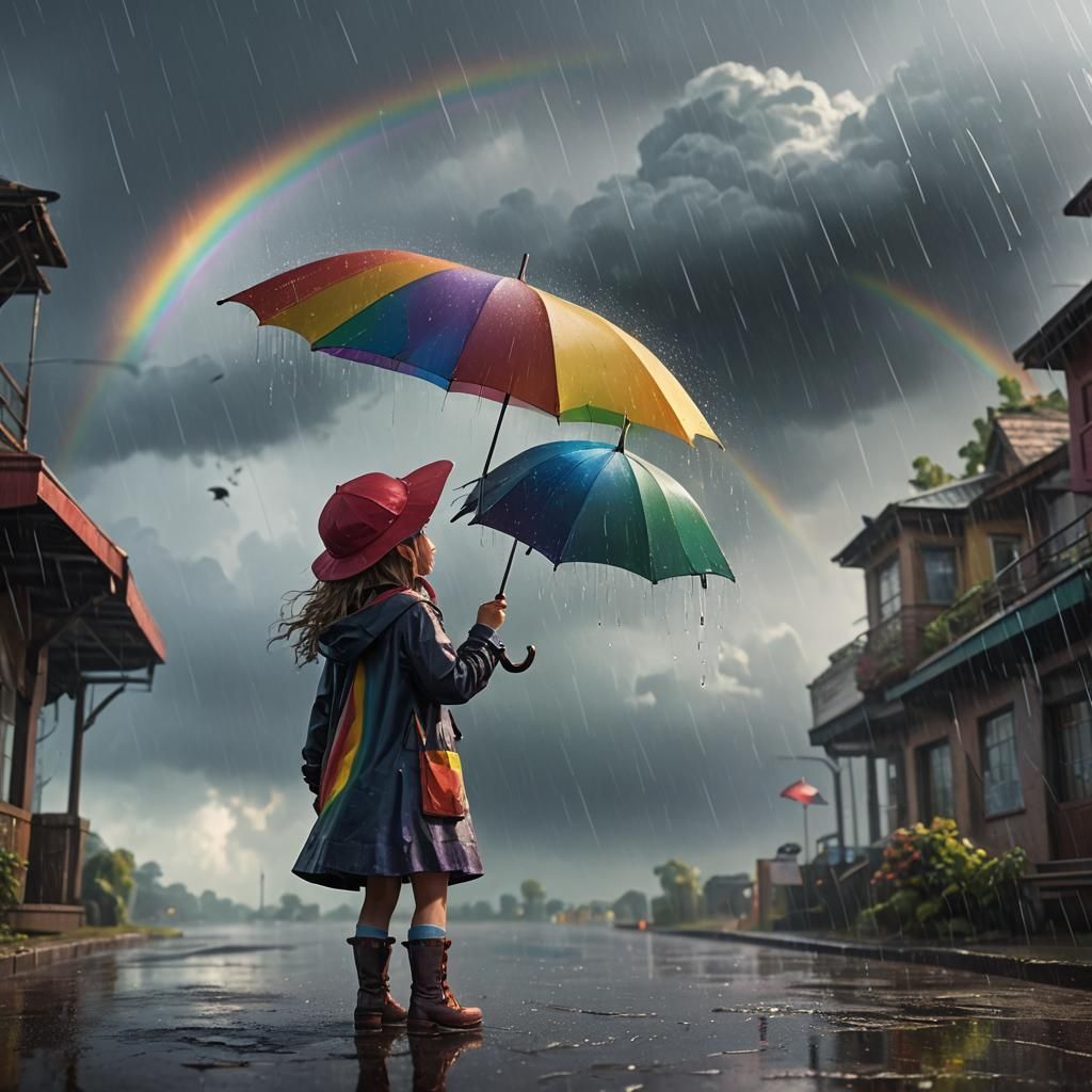 Girl in Rain with Rainbow: Fantasy Concept Art