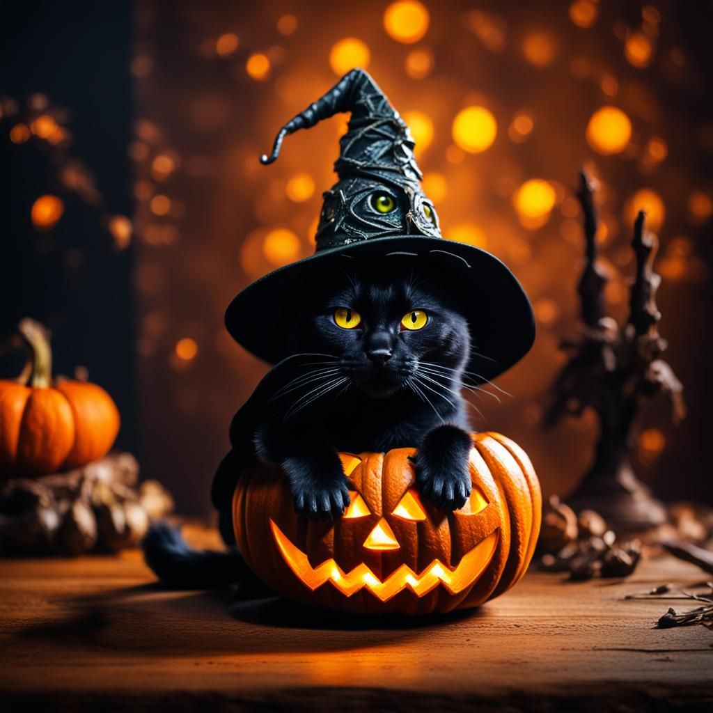 Black Cat Jack-o'-Lantern in Macro Photography Style