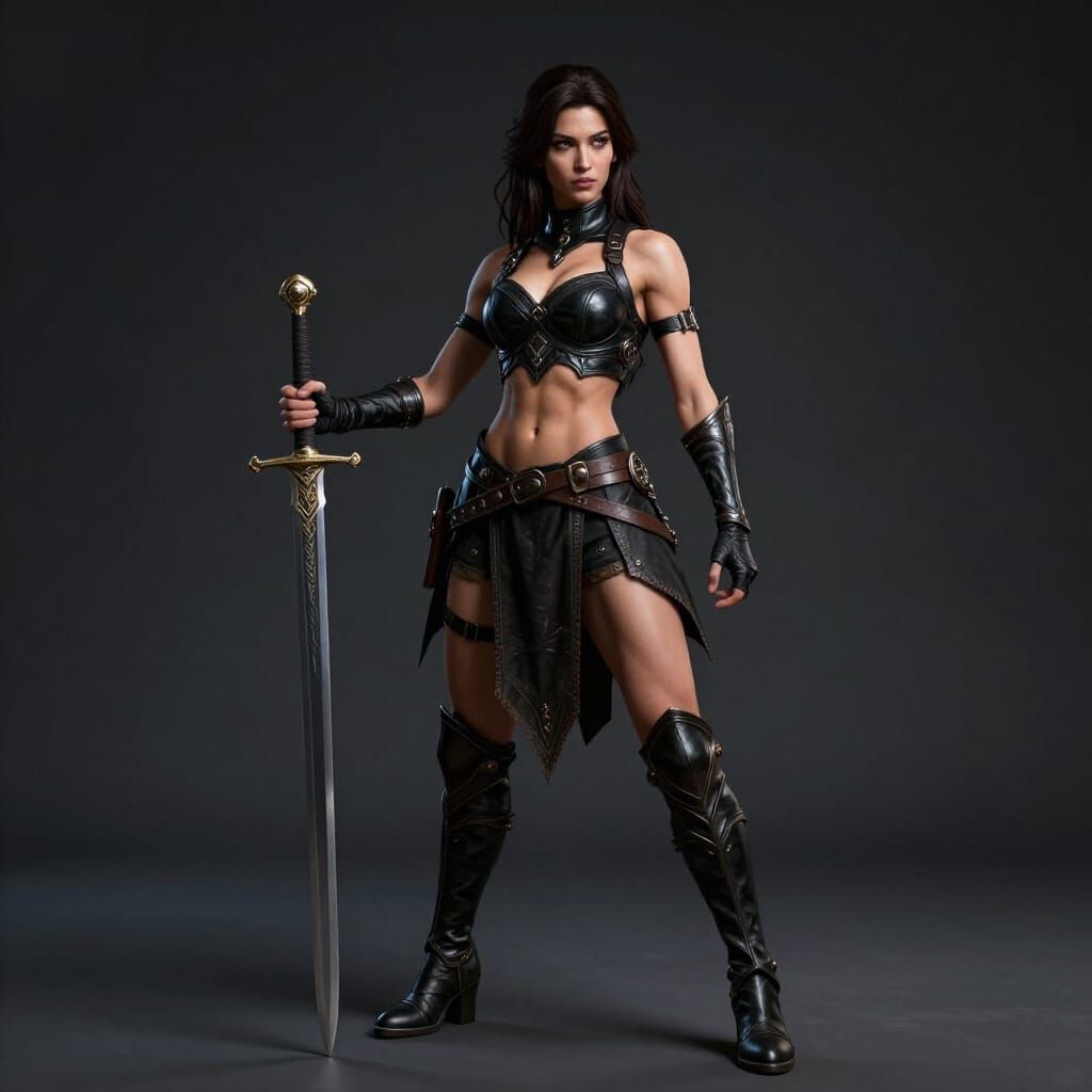 Warrior Woman With Ancient Sword in Mystical Studio Portrait