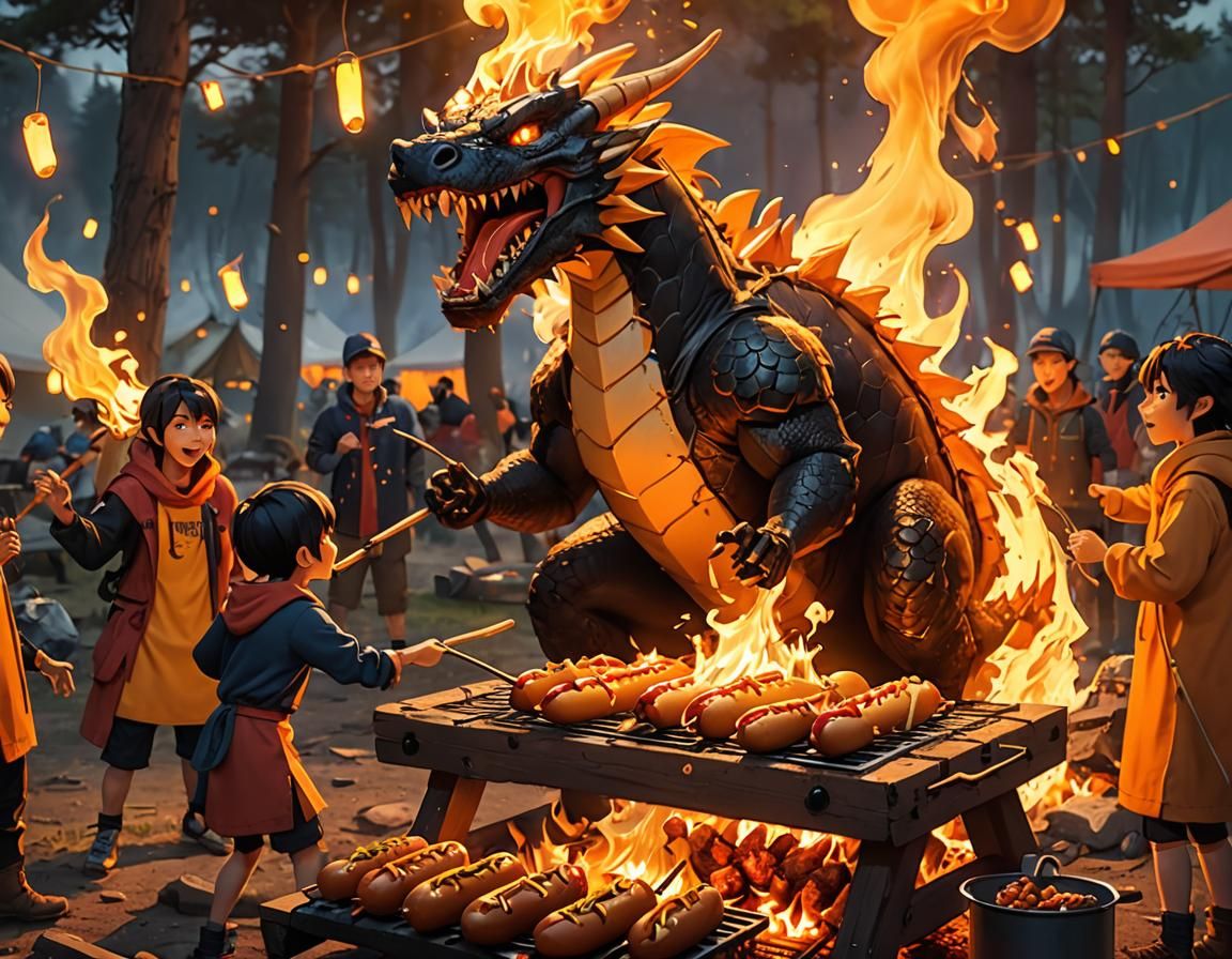 Dragon Cooks Hotdogs with Fire Breath: Anime Concept Art