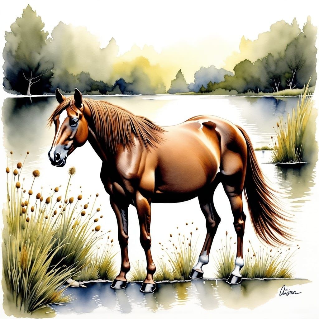 Hyper Detailed Watercolor Horse by a Tranquil Pond