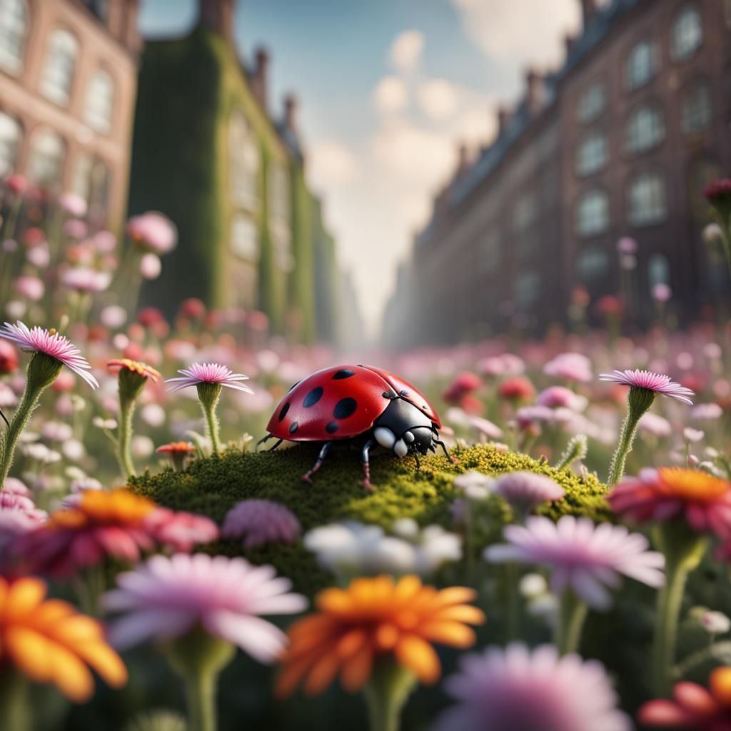 Ladybug's-Eye View of a Colorful Flower Garden