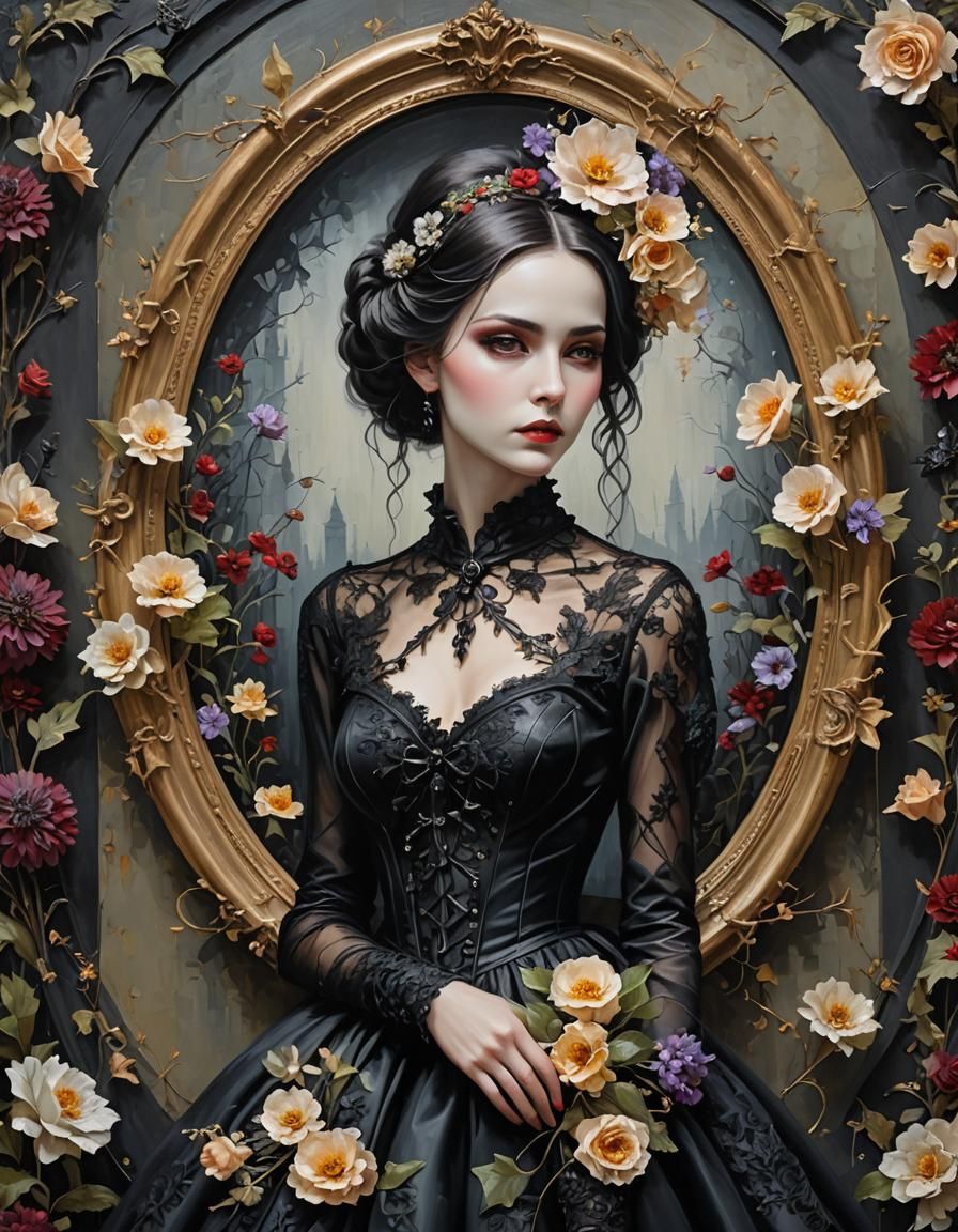 Futuristic Gothic: Oval Portrait of Woman with Acrylic Flowe...