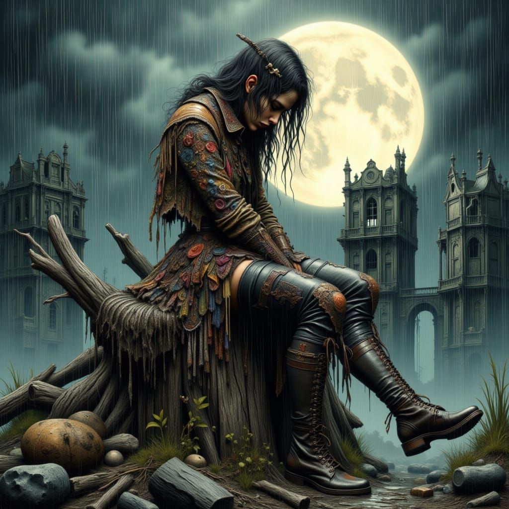 Melancholy Woman in Rainfall Under Moonlight: Dark Fantasy A...