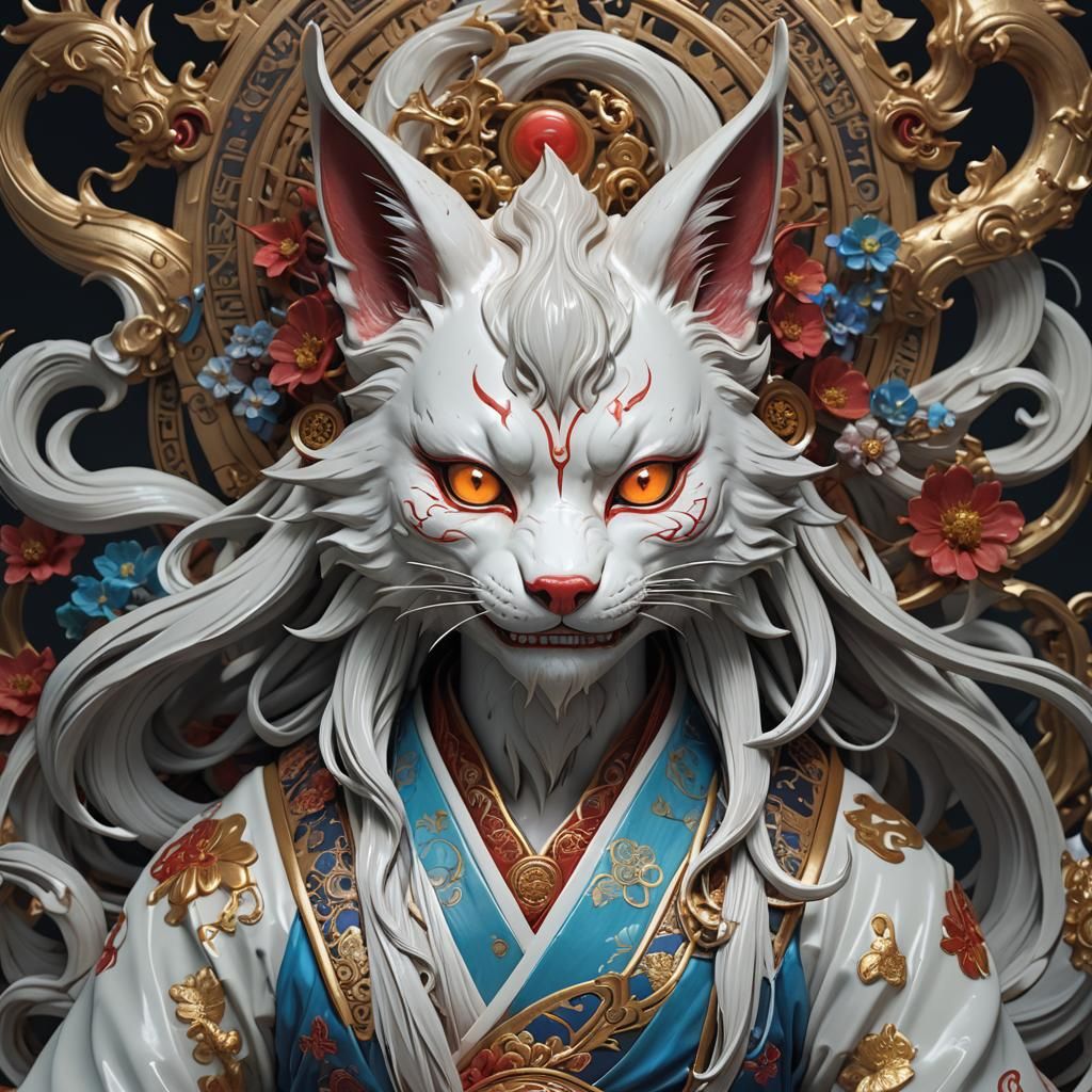 Demonic Porcelain Kitsune Yokai Portrait