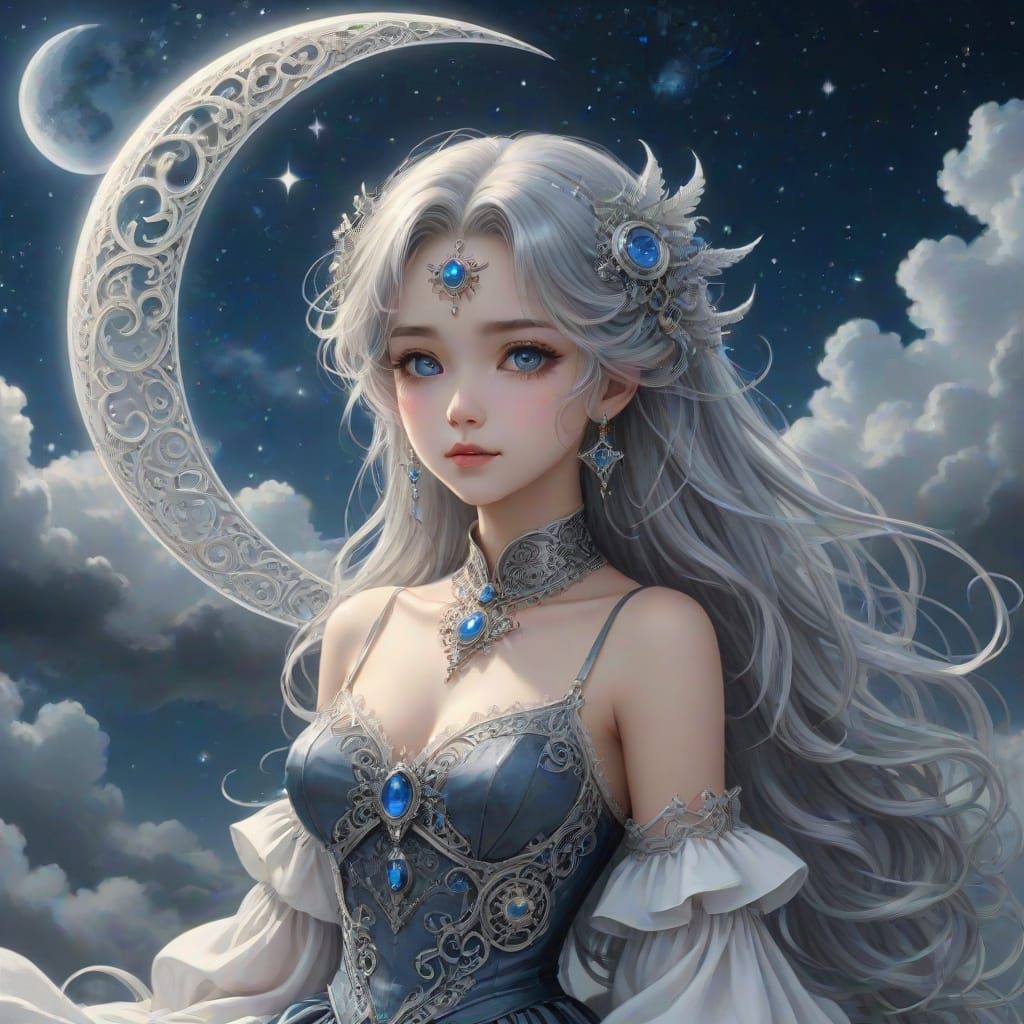 Steampunk Silver Crescent Moon in Velvet Sky