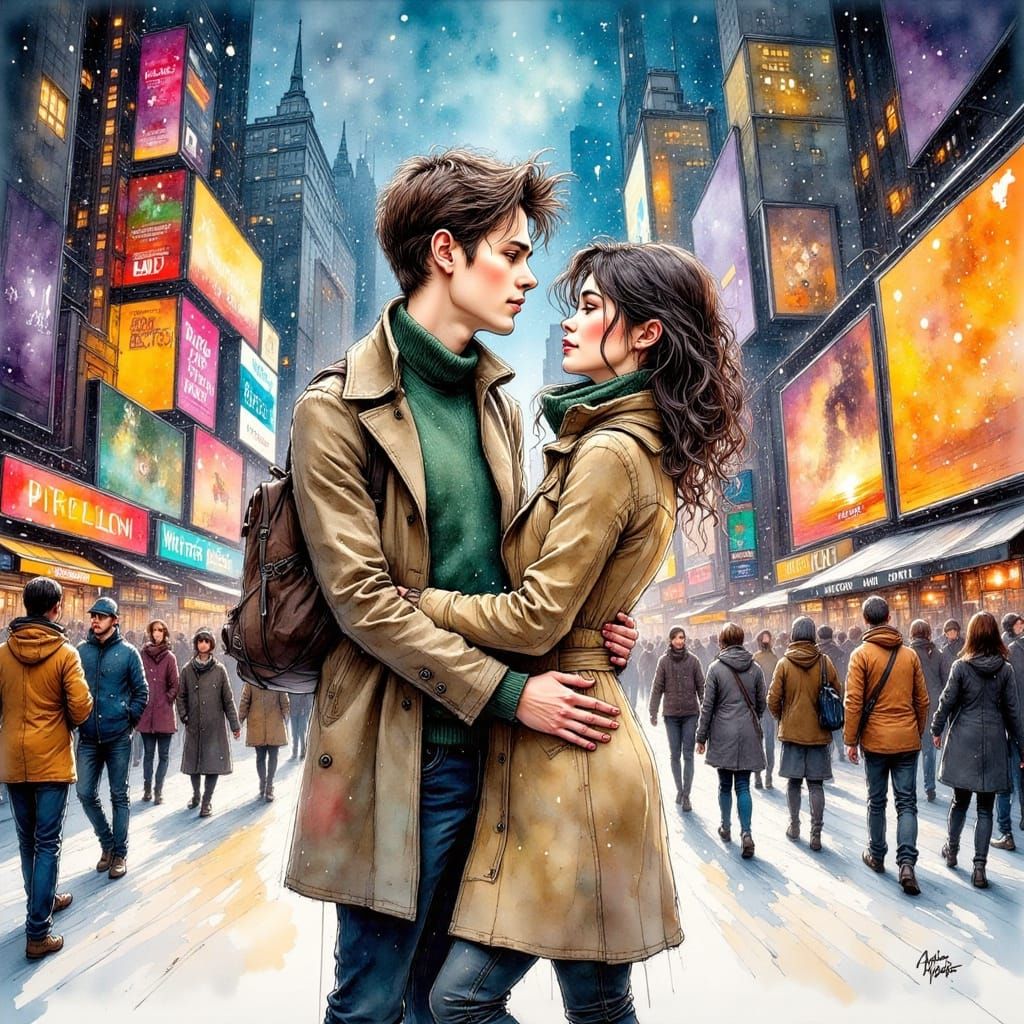 Couple Embracing in Vibrant Times Square on New Year's Eve