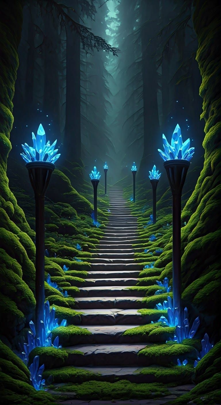 Gothic Stone Torches Illuminating a Magical Forest Pathway