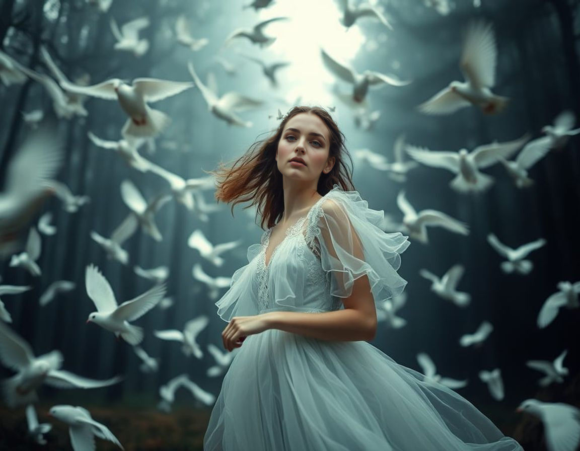 Woman in White Dress Surrounded by Doves