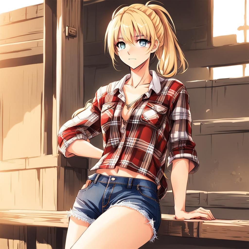 Anime Style Blonde in Flannel and Jeans