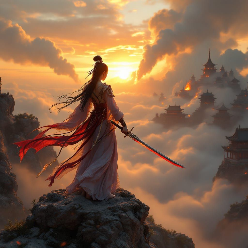 Warrior Woman at Sunset on Mountain Peak