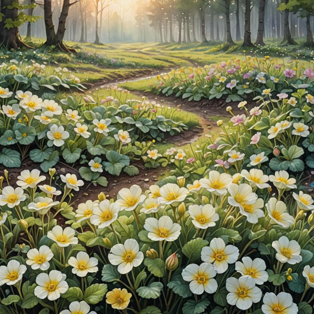 Primroses at Sunrise: A Watercolor Meadow Close-Up