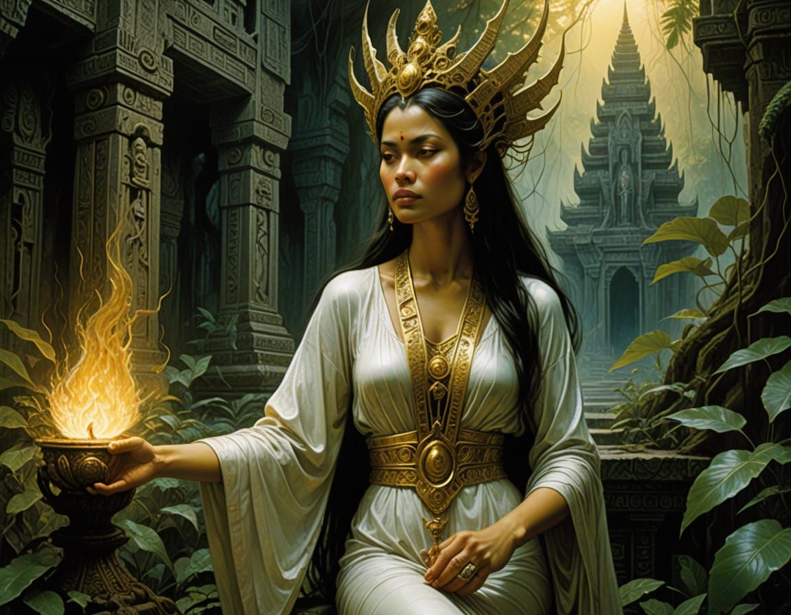 Fantasy Khmer Priestess in Ancient Temple