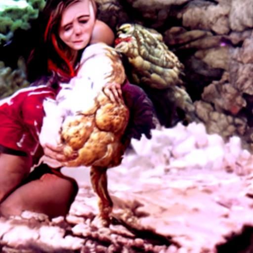 Woman Hugs Chicken: Cinematic Digital Painting