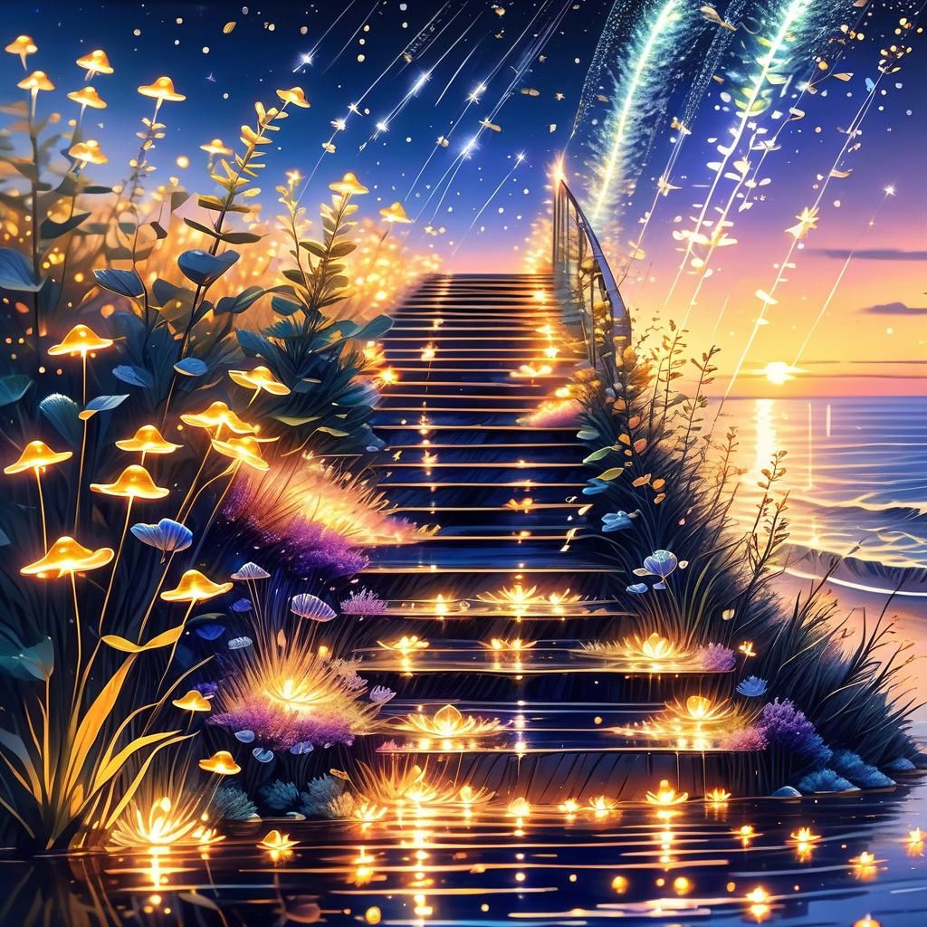 LED Firefly Staircase to Sunset: Botanical Light Art