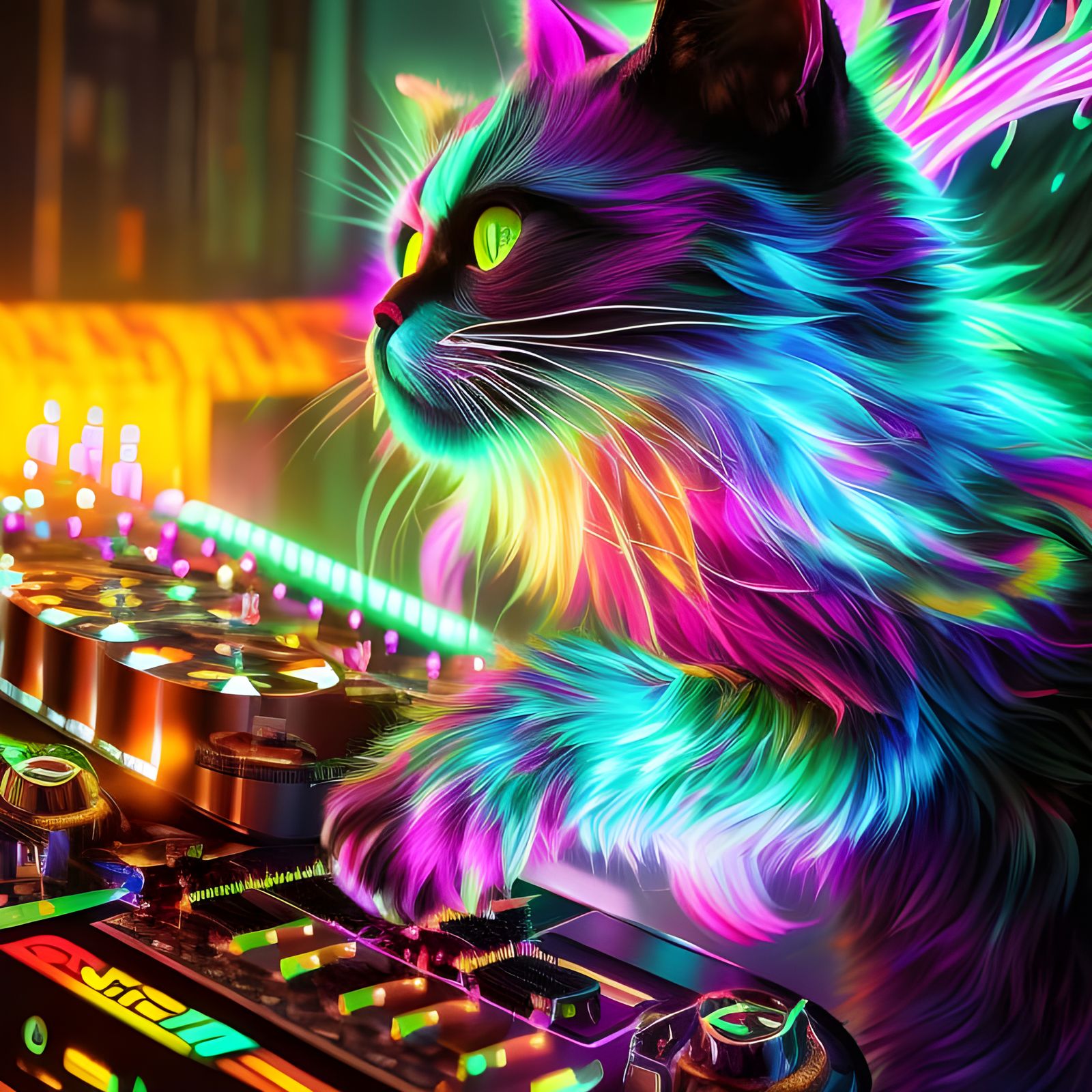Steampunk Cat DJ in Neon Lights