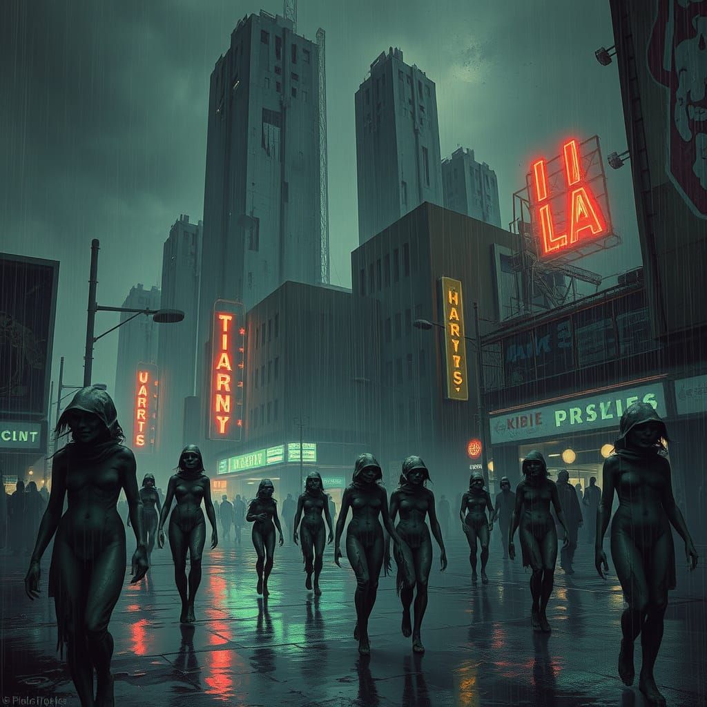 Surreal Dystopian Cityscape with Distorted Figures