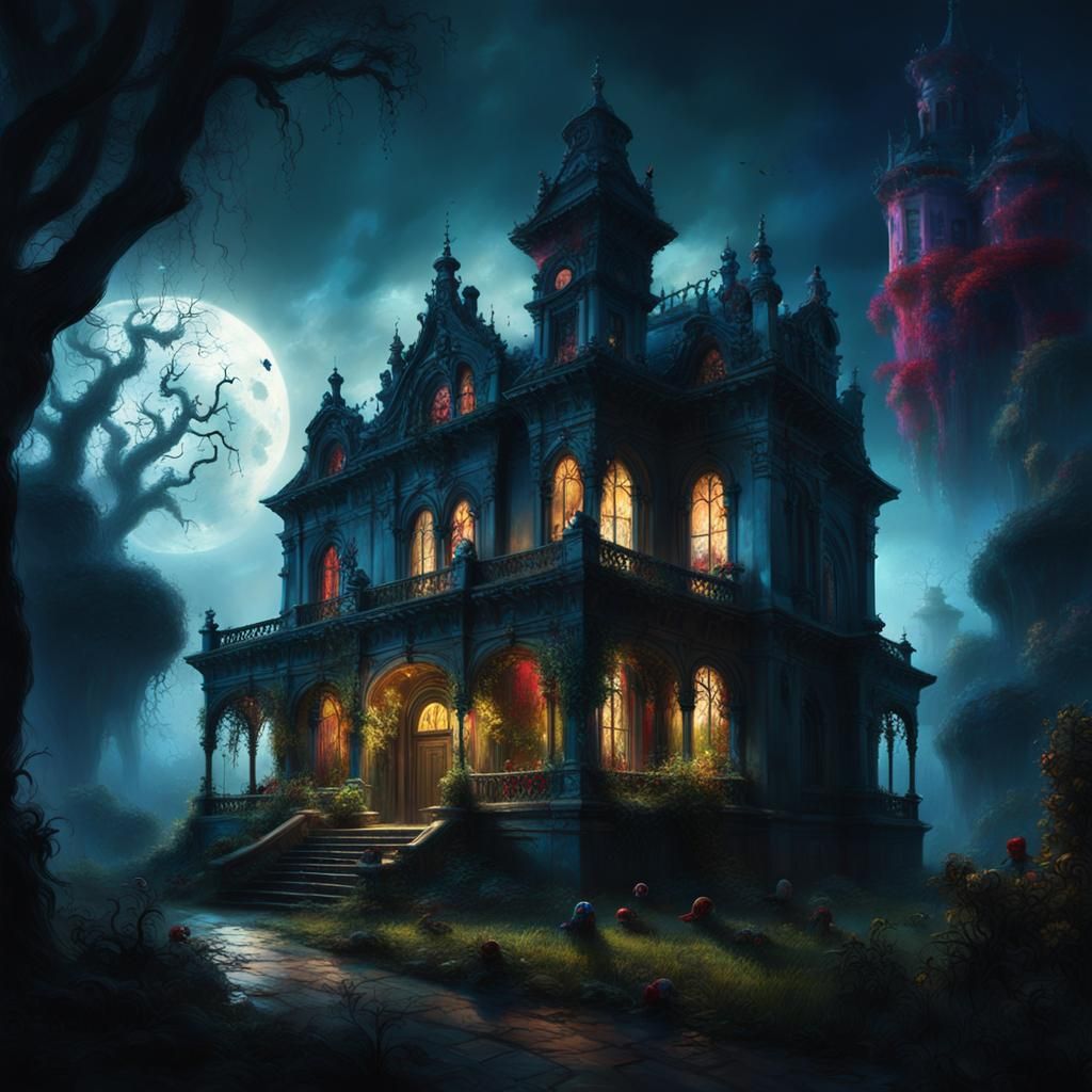 Gothic Mansion with Clowns in Ornate Oil Painting