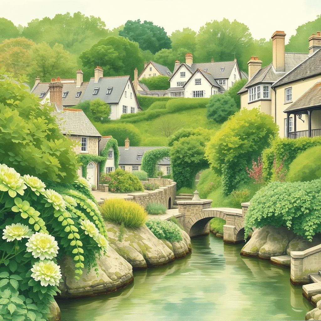 Victorian Village Landscape in Watercolour with Collage