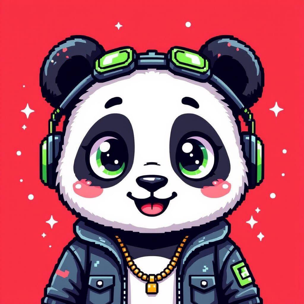 Pixel Art Panda Face with Neon Accents